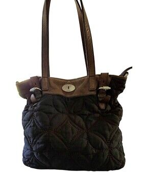 Fossil Key Per Tote Black Quilted Purse, Brown Leather Straps Large Bag